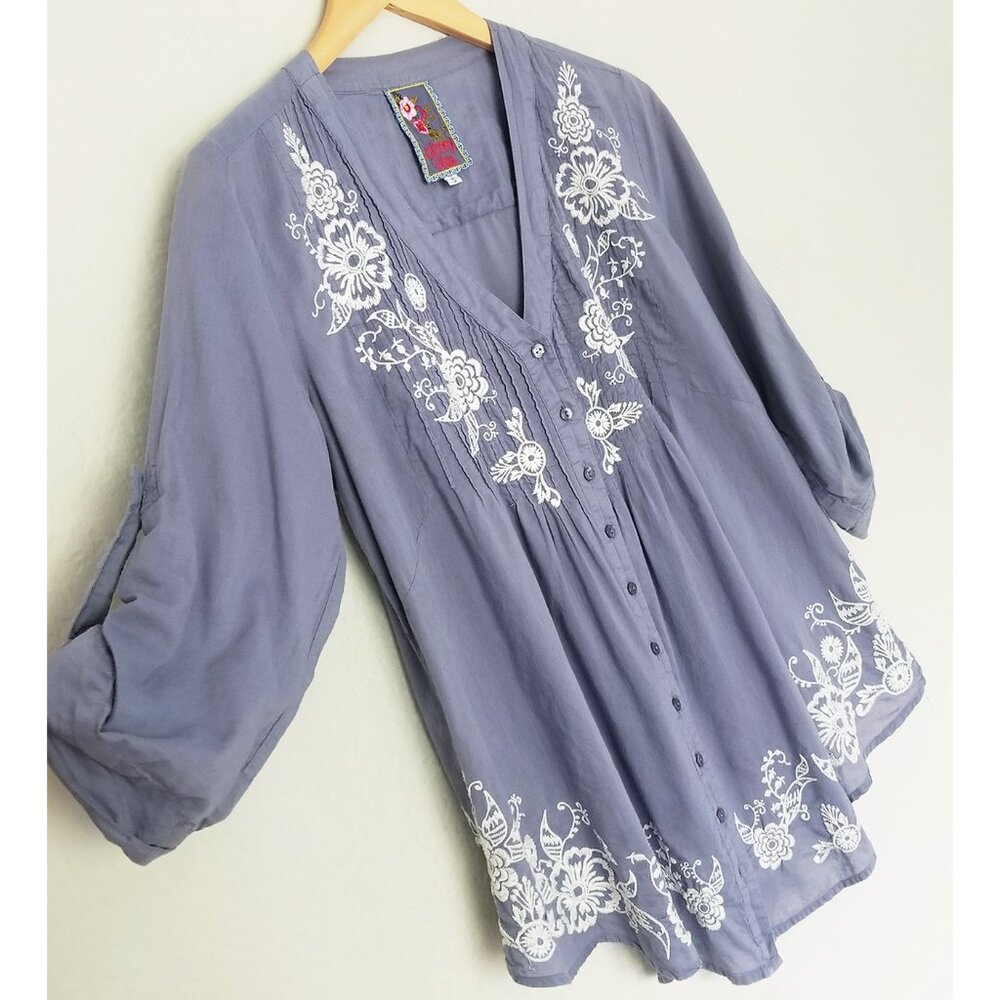 Johnny Was Blue White Embroidered Pintuck Pleats Rolled Tab Sleeves Blouse Top S - Picture 4 of 14